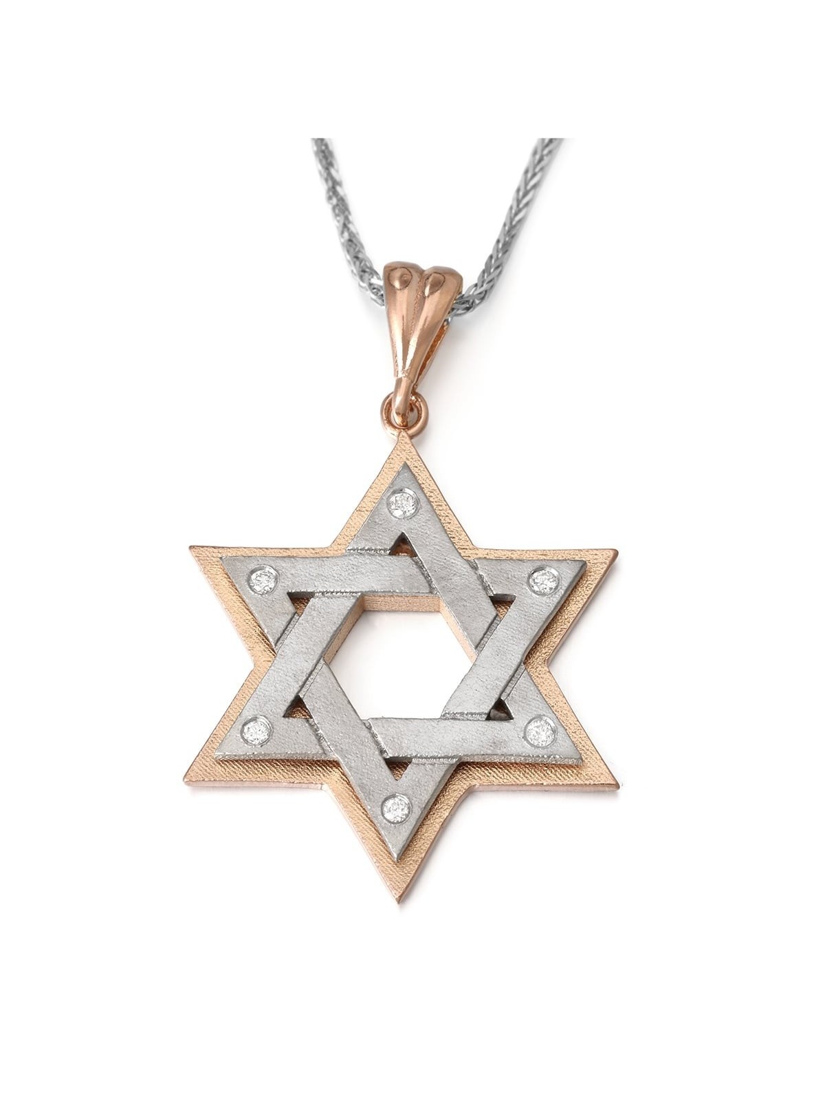 Collier à pendentif double étoile de David en or rose 14 carats bicolore avec Whi