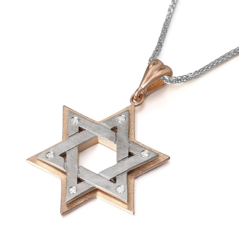 Collier à pendentif double étoile de David en or rose 14 carats bicolore avec Whi