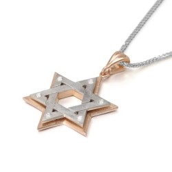 Two-Toned 14K Rose Gold Double Star of David Pendant Necklace With Whi