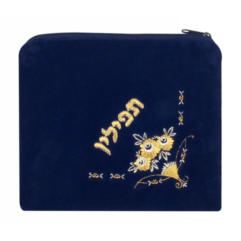 Dark Blue Velvet Tallit Tefillin Bags Flowe... | Talit & Tefillin Bags