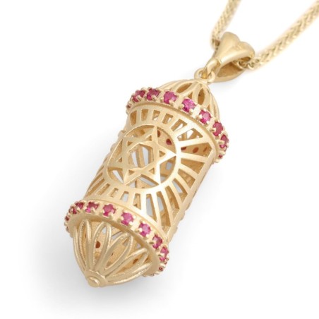 14K Yellow Gold Three-Dimensional Mezuzah Case Pendant Necklace With R