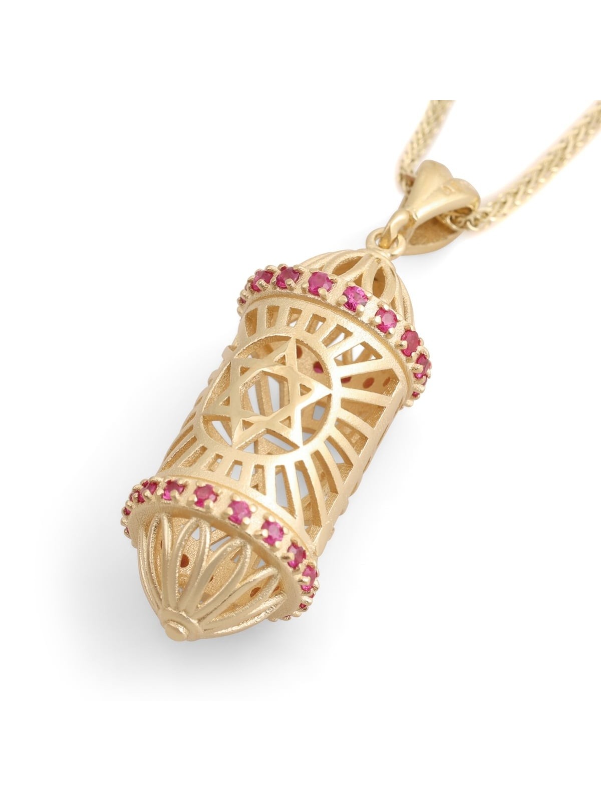 Collier pendentif en forme de mézouza tridimensionnel en or jaune 14 carats avec R
