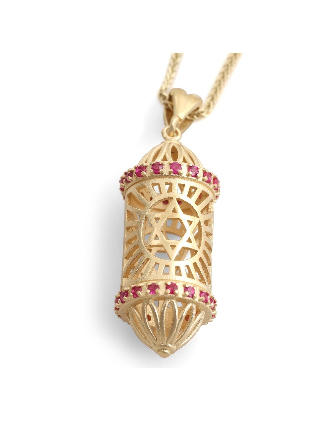 14K Yellow Gold Three-Dimensional Mezuzah Case Pendant Necklace With R