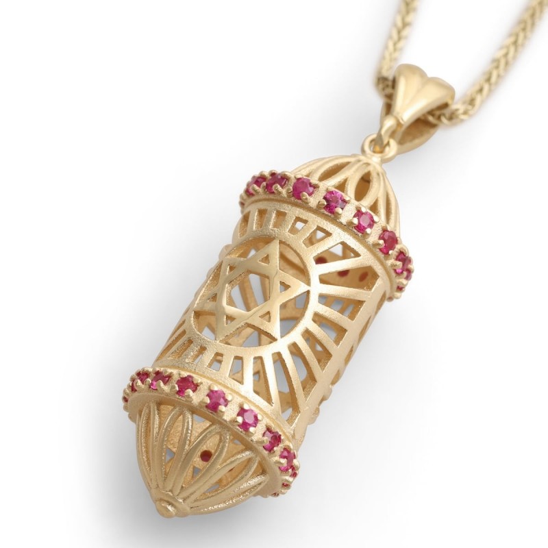 Collier pendentif en forme de mézouza tridimensionnel en or jaune 14 carats avec R
