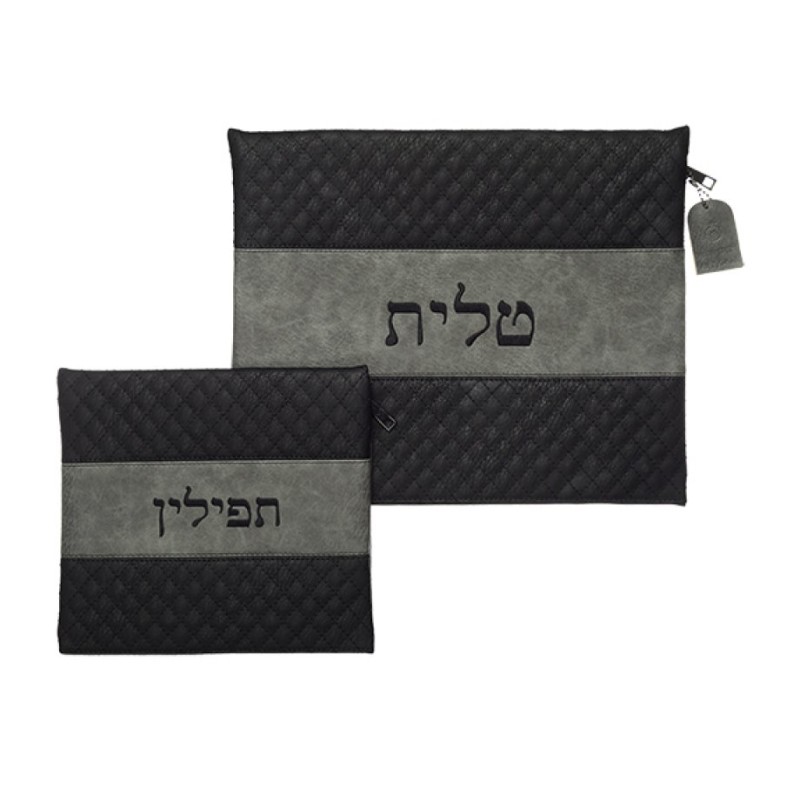 Black and Gray Faux Leather Embroidered Tal... | Talit & Tefillin Bags
