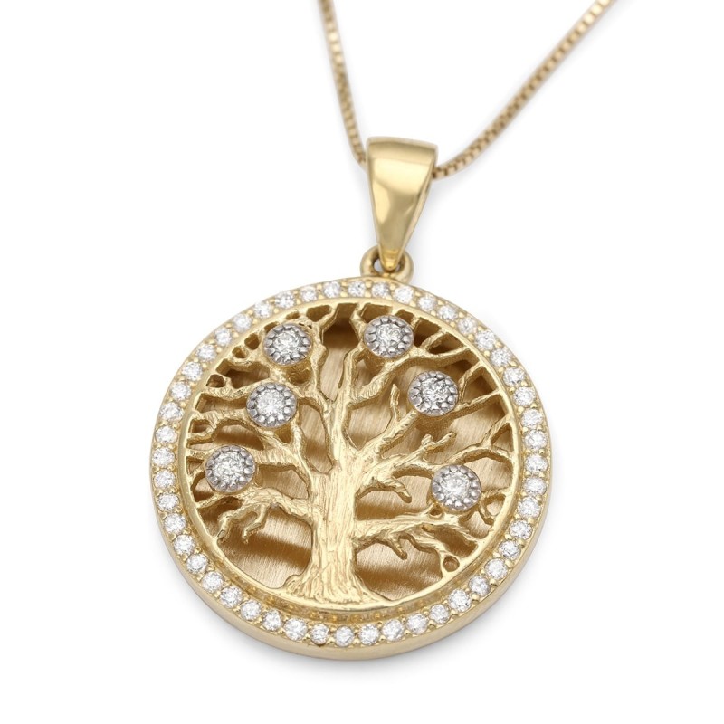 Pendentif arbre de vie rond en or jaune 14 carats serti de diamants