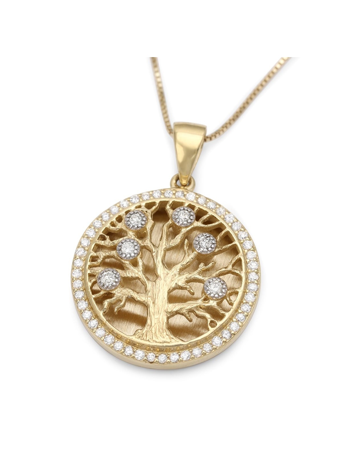 14K Yellow Gold Diamond-Studded Round Tree of Life Pendant