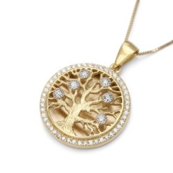 14K Yellow Gold Diamond-Studded Round Tree of Life Pendant