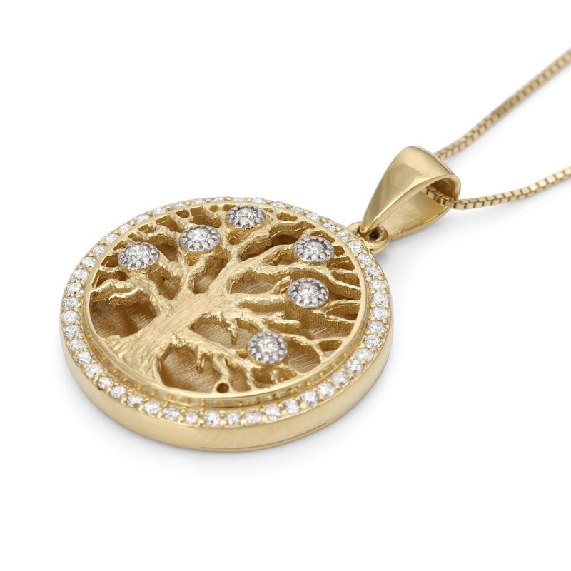 Pendentif arbre de vie rond en or jaune 14 carats serti de diamants