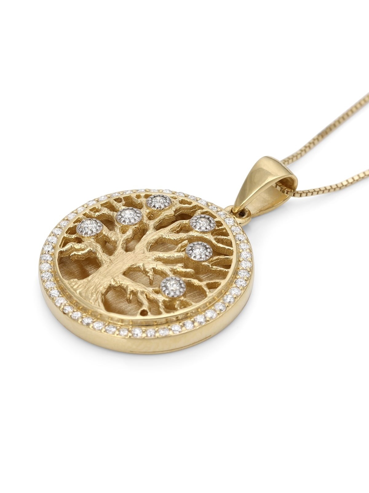 Pendentif arbre de vie rond en or jaune 14 carats serti de diamants
