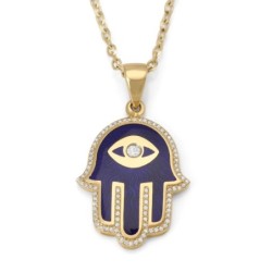 14K Yellow Gold & Blue Enamel Hamsa Pendant Necklace With White Diamon