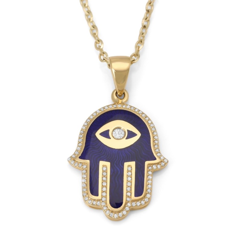 14K Yellow Gold & Blue Enamel Hamsa Pendant Necklace With White Diamon