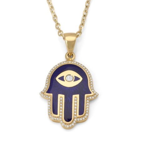 14K Yellow Gold & Blue Enamel Hamsa Pendant Necklace With White Diamon
