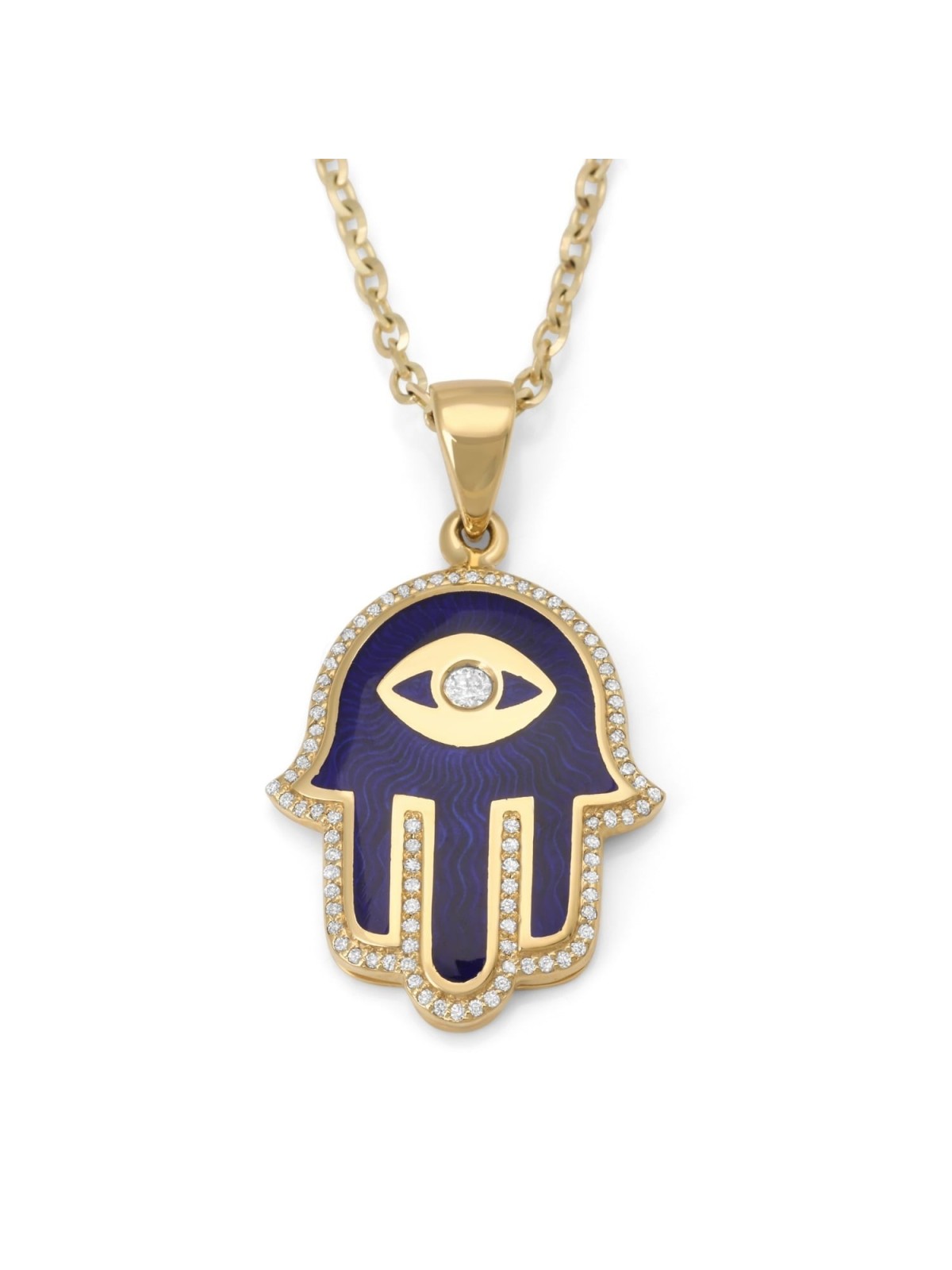 14K Yellow Gold & Blue Enamel Hamsa Pendant Necklace With White Diamon