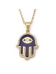 Collier pendentif Hamsa en or jaune 14 carats et émail bleu avec diamant blanc