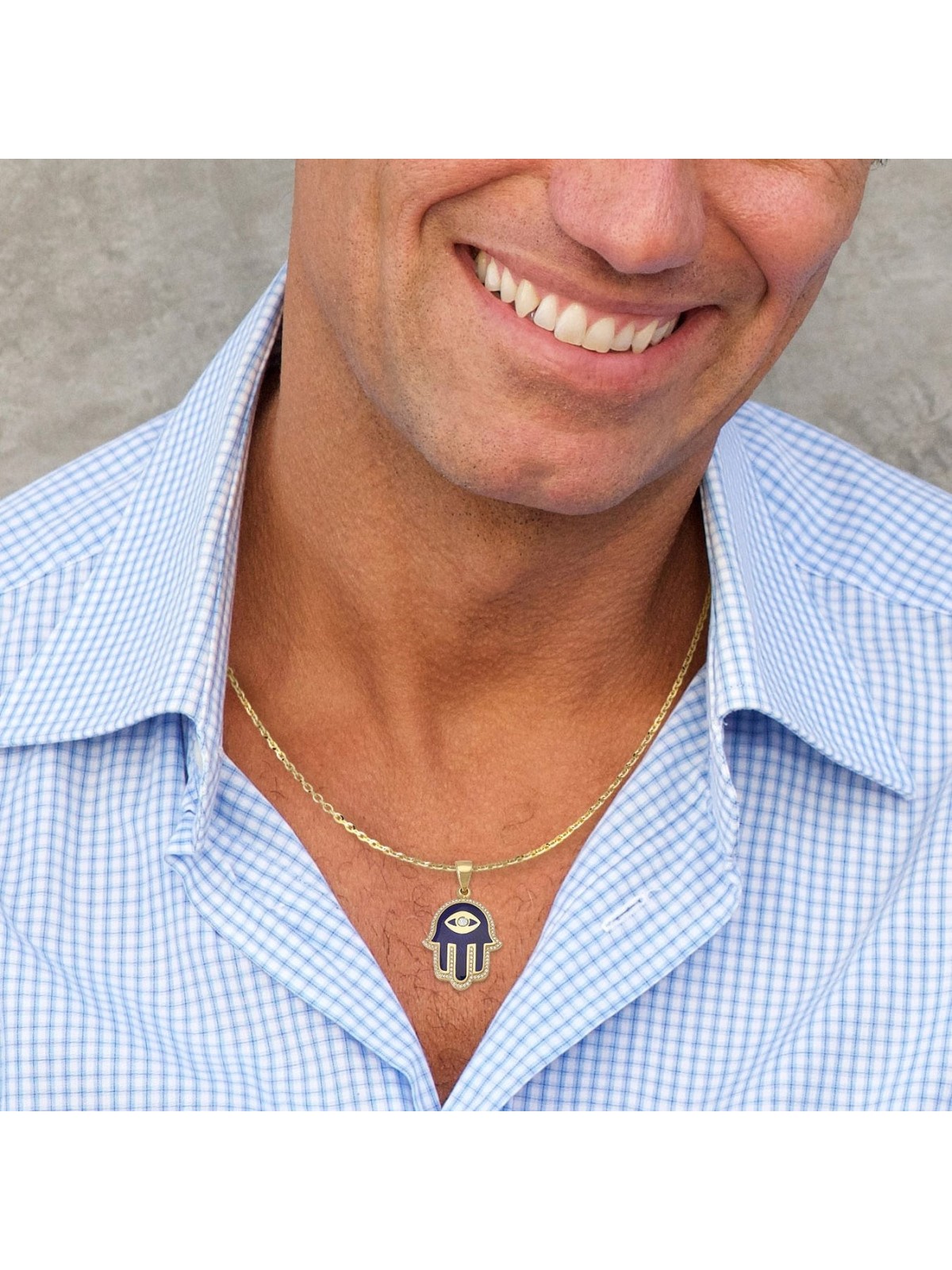 14K Yellow Gold & Blue Enamel Hamsa Pendant Necklace With White Diamon