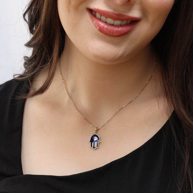 14K Yellow Gold & Blue Enamel Hamsa Pendant Necklace With White Diamon