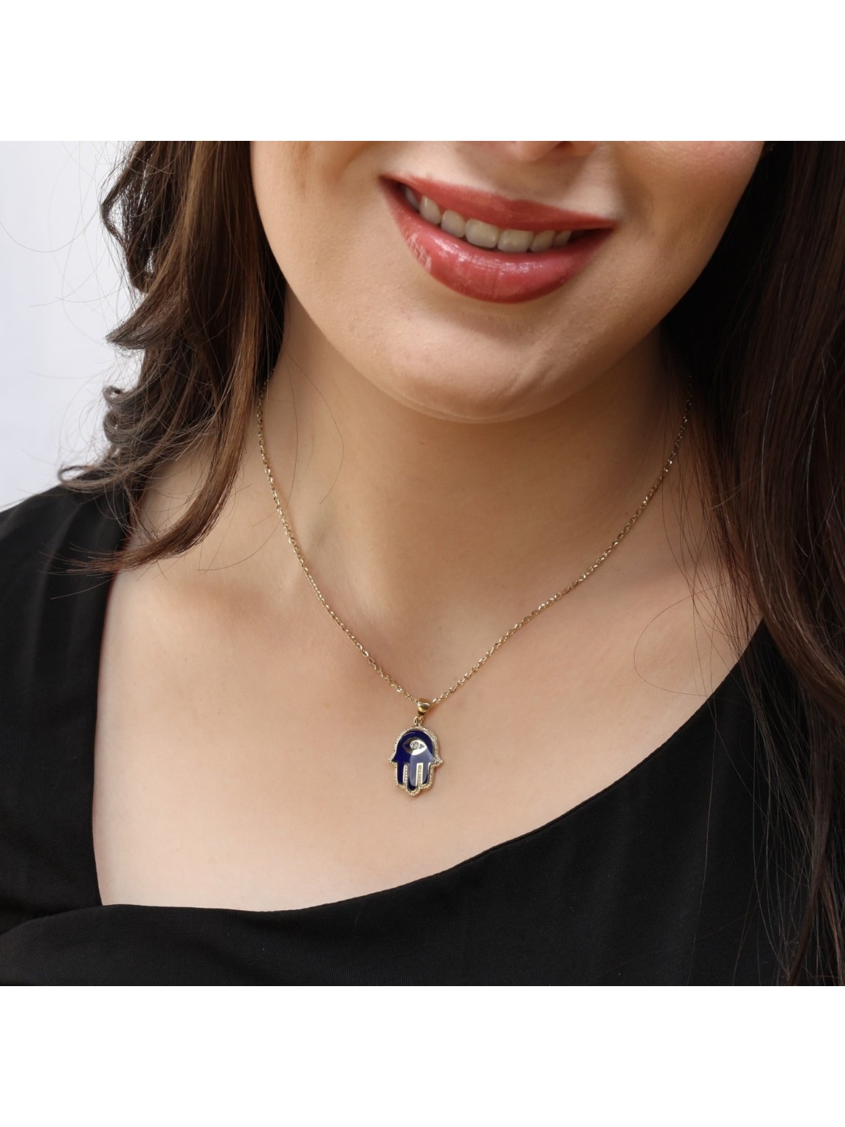 14K Yellow Gold & Blue Enamel Hamsa Pendant Necklace With White Diamon