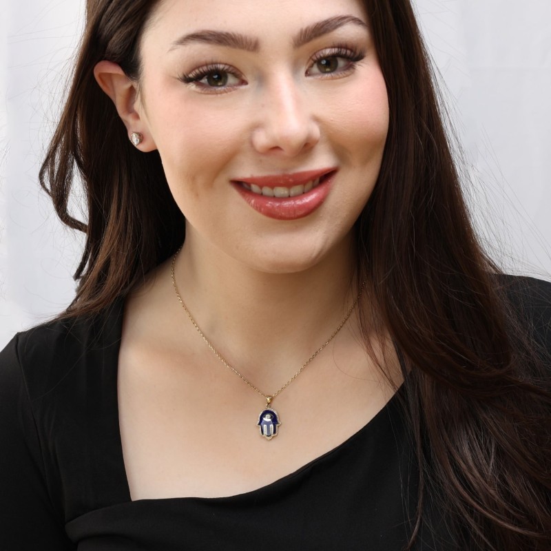 14K Yellow Gold & Blue Enamel Hamsa Pendant Necklace With White Diamon