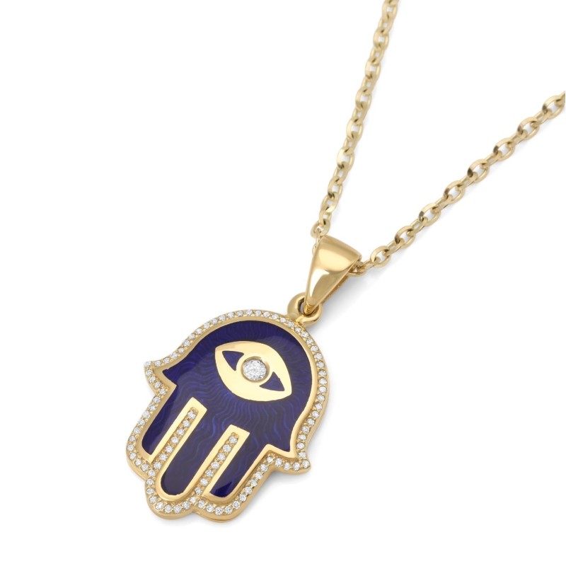 Collier pendentif Hamsa en or jaune 14 carats et émail bleu avec diamant blanc