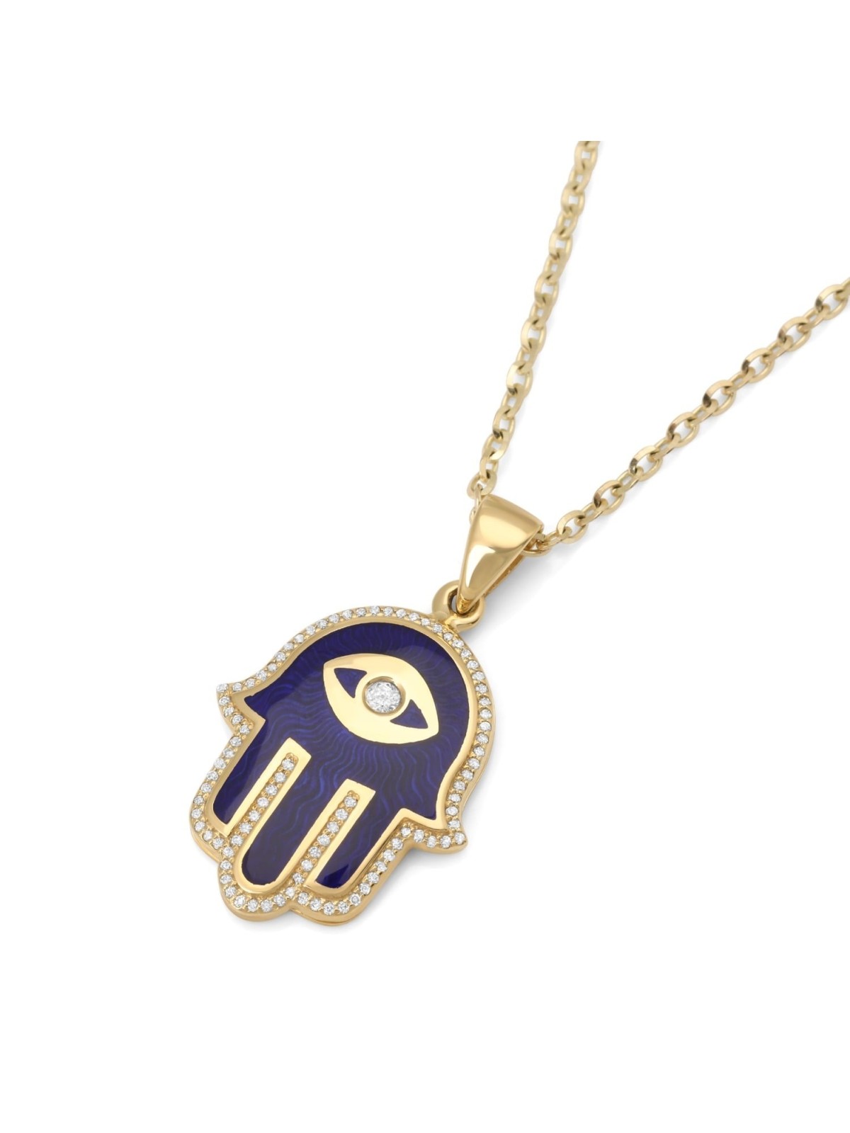 14K Yellow Gold & Blue Enamel Hamsa Pendant Necklace With White Diamon