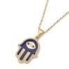 14K Yellow Gold & Blue Enamel Hamsa Pendant Necklace With White Diamon