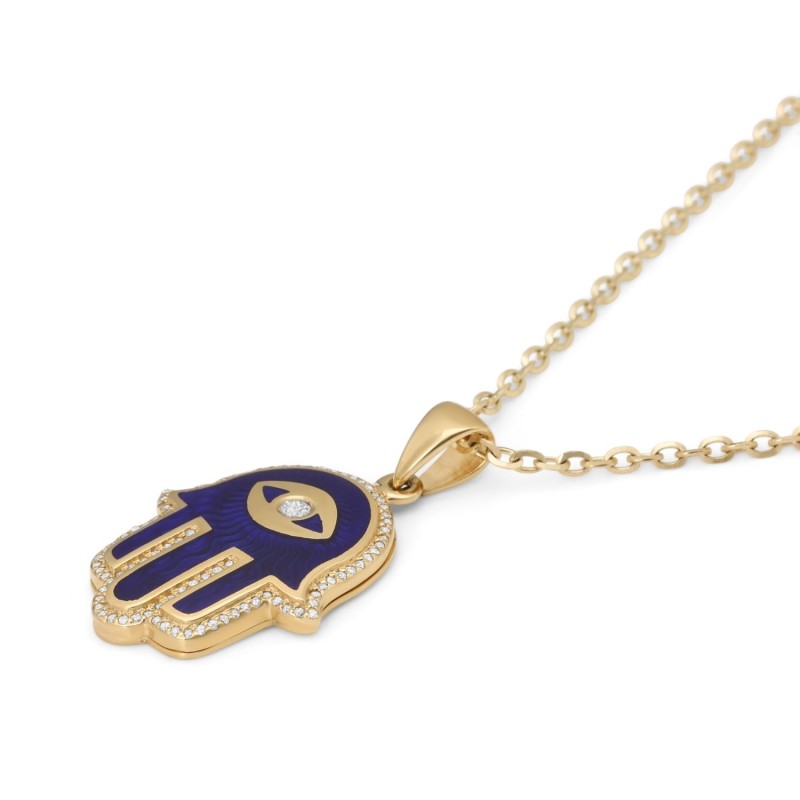 Collier pendentif Hamsa en or jaune 14 carats et émail bleu avec diamant blanc