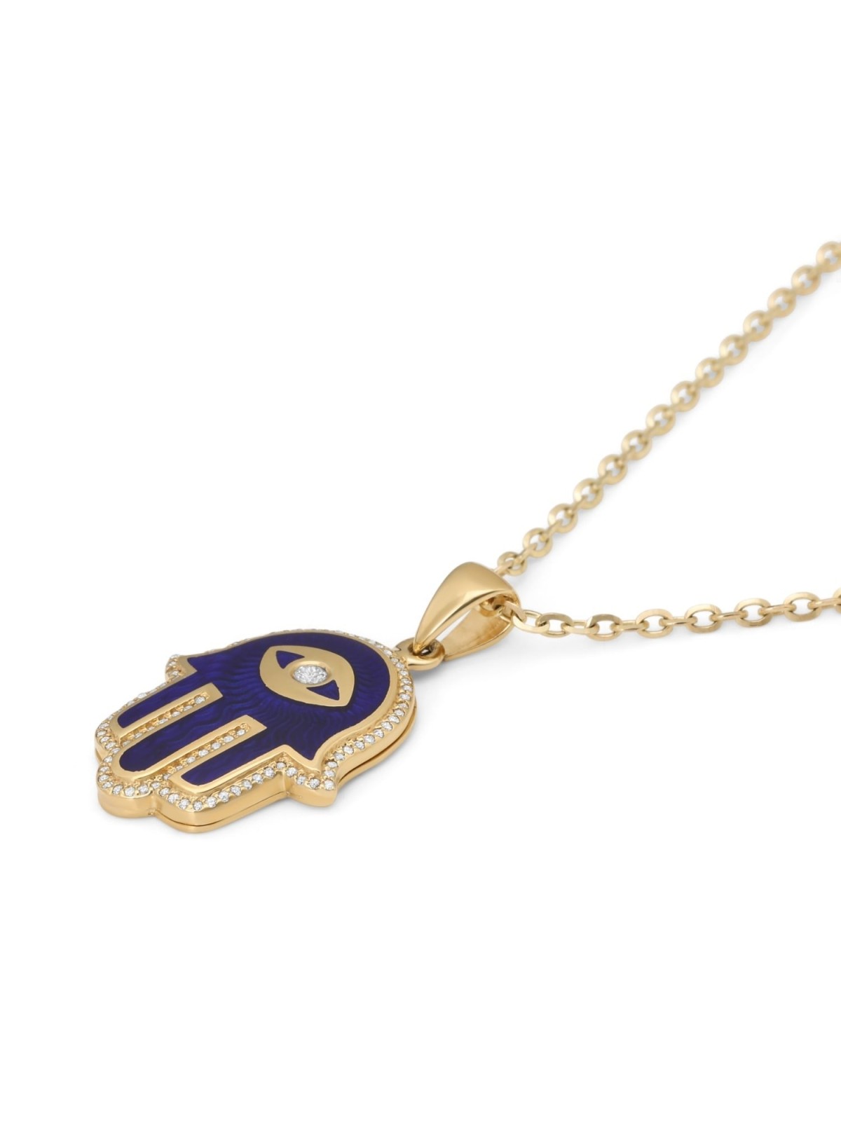 14K Yellow Gold & Blue Enamel Hamsa Pendant Necklace With White Diamon