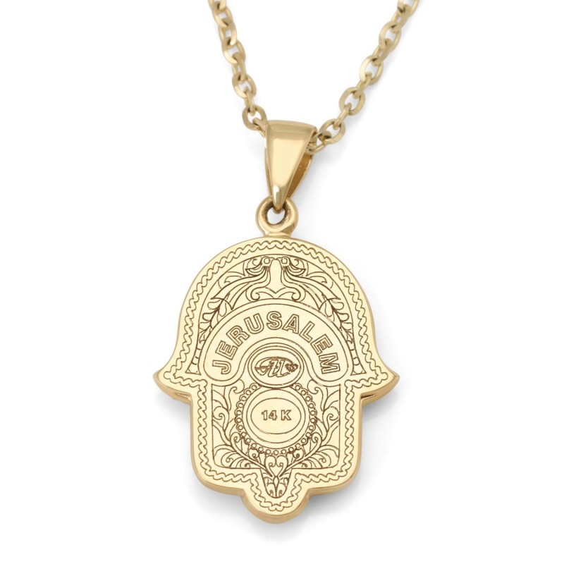 Collier pendentif Hamsa en or jaune 14 carats et émail bleu avec diamant blanc