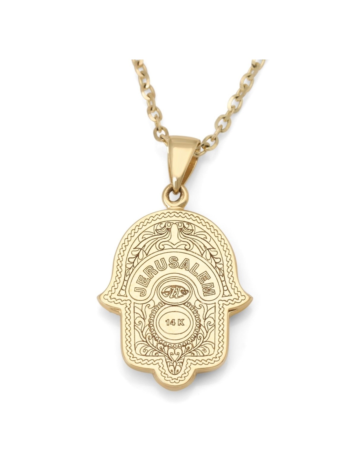14K Yellow Gold & Blue Enamel Hamsa Pendant Necklace With White Diamon