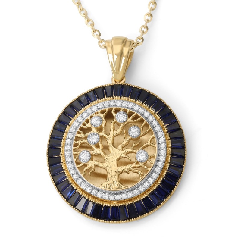Pendentif arbre de vie rond en or jaune 14 carats avec diamants et saphirs