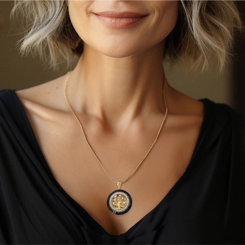 Pendentif arbre de vie rond en or jaune 14 carats avec diamants et saphirs