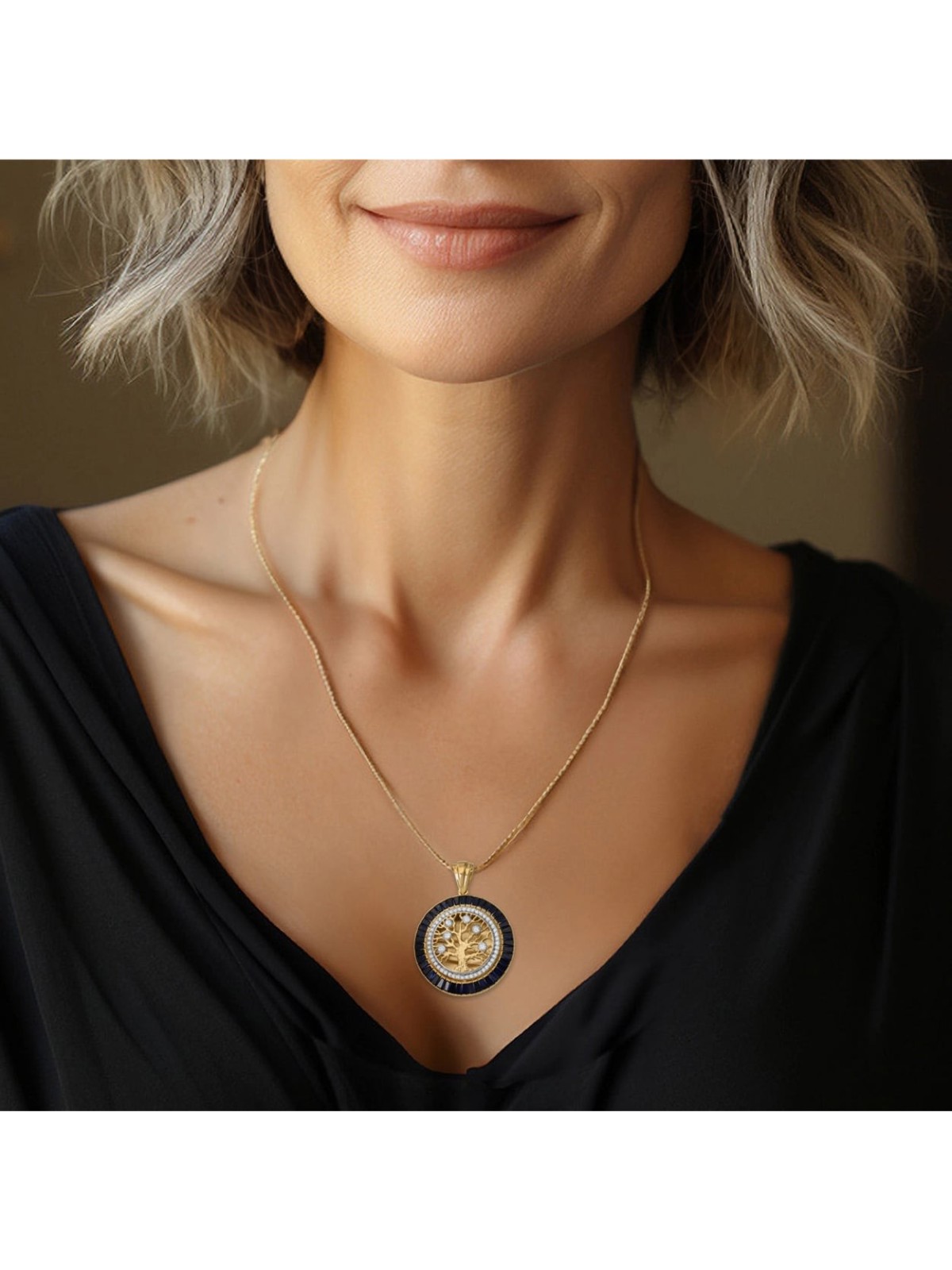 14K Yellow Gold Round Tree of Life Pendant with Diamonds and Sapphires