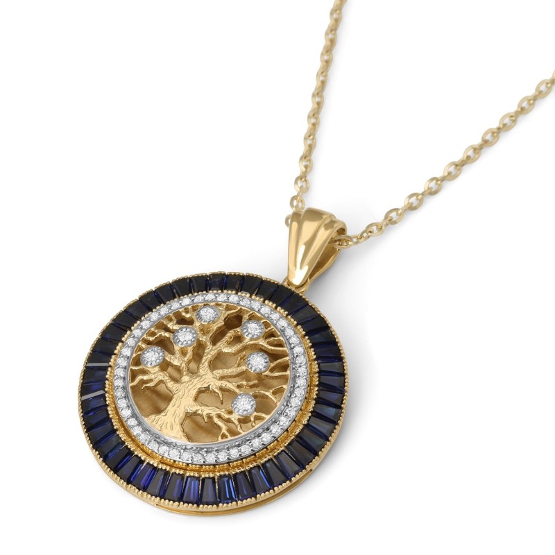 Pendentif arbre de vie rond en or jaune 14 carats avec diamants et saphirs
