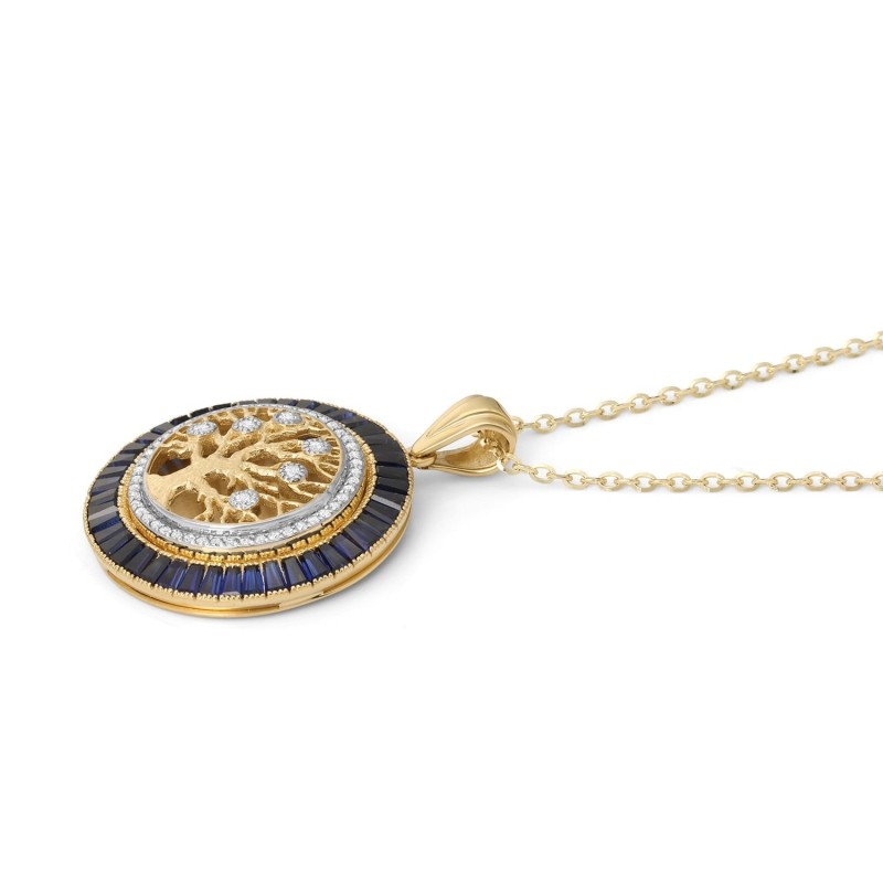 Pendentif arbre de vie rond en or jaune 14 carats avec diamants et saphirs
