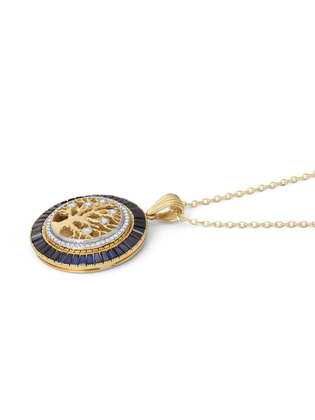 14K Yellow Gold Round Tree of Life Pendant with Diamonds and Sapphires