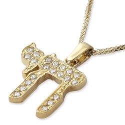 Cubic Zirconia-Accented 14K Yellow Gold Chai Pendant Necklace