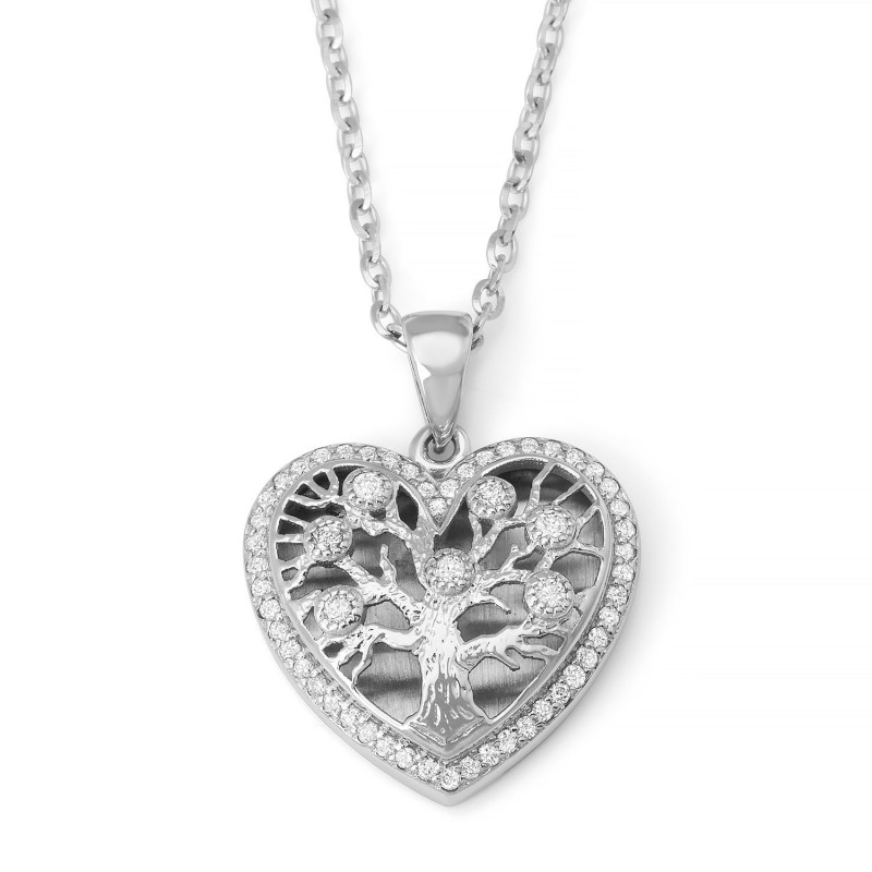 Pendentif arbre de vie en forme de cœur en or blanc 14 carats avec diamants