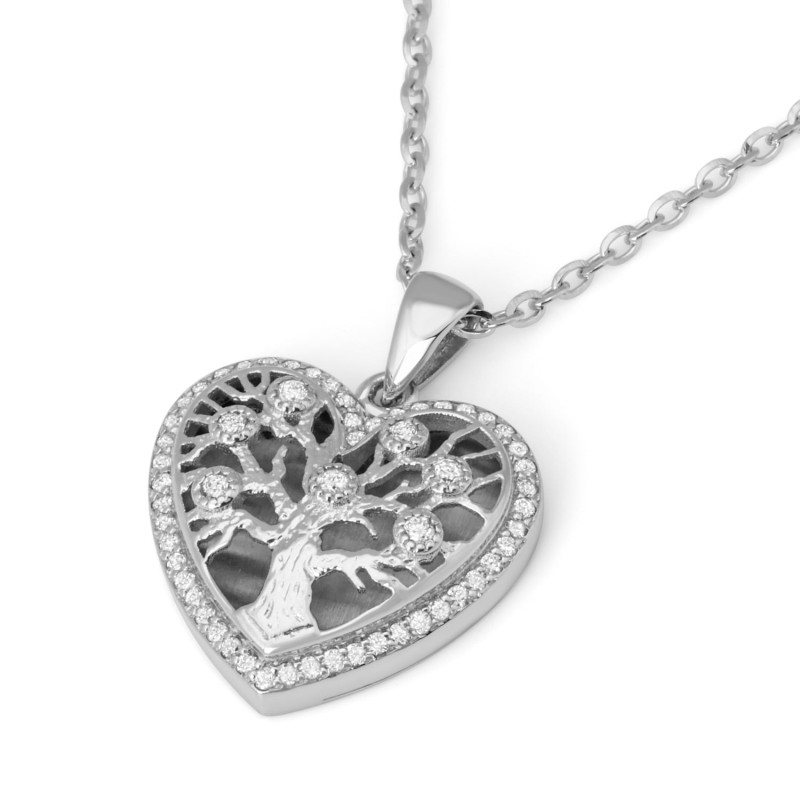 Pendentif arbre de vie en forme de cœur en or blanc 14 carats avec diamants