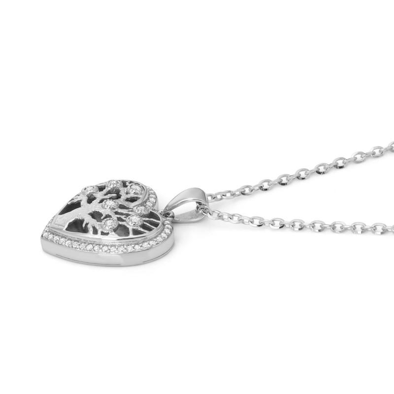 Pendentif arbre de vie en forme de cœur en or blanc 14 carats avec diamants