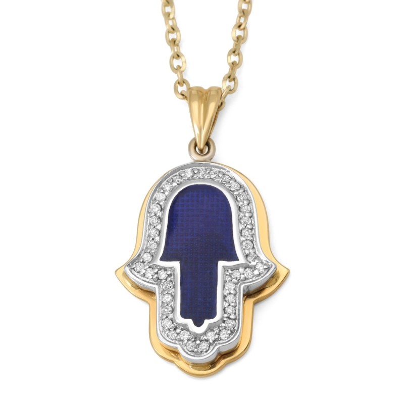 Anbinder Jewelry Pendentif diamant Hamsa en or 14 carats avec émail bleu