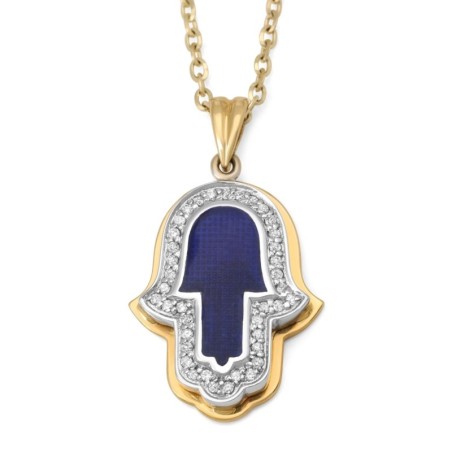 Anbinder Jewelry Pendentif diamant Hamsa en or 14 carats avec émail bleu