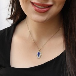 Anbinder Jewelry 14K Gold Hamsa Diamond Pendant with Blue Enamel