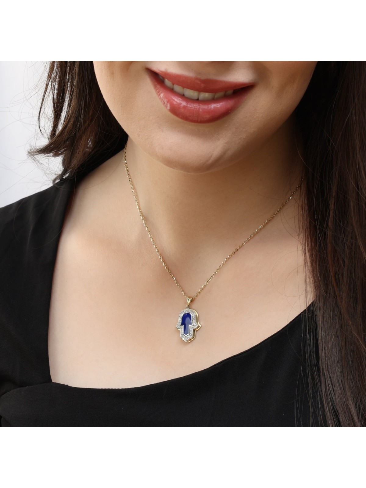 Anbinder Jewelry Pendentif diamant Hamsa en or 14 carats avec émail bleu
