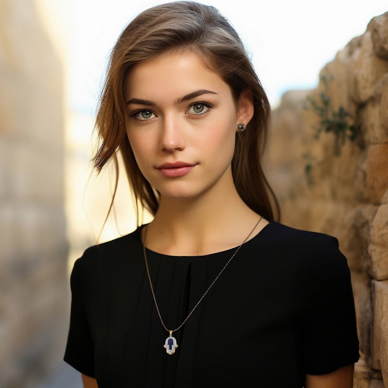 Anbinder Jewelry Pendentif diamant Hamsa en or 14 carats avec émail bleu