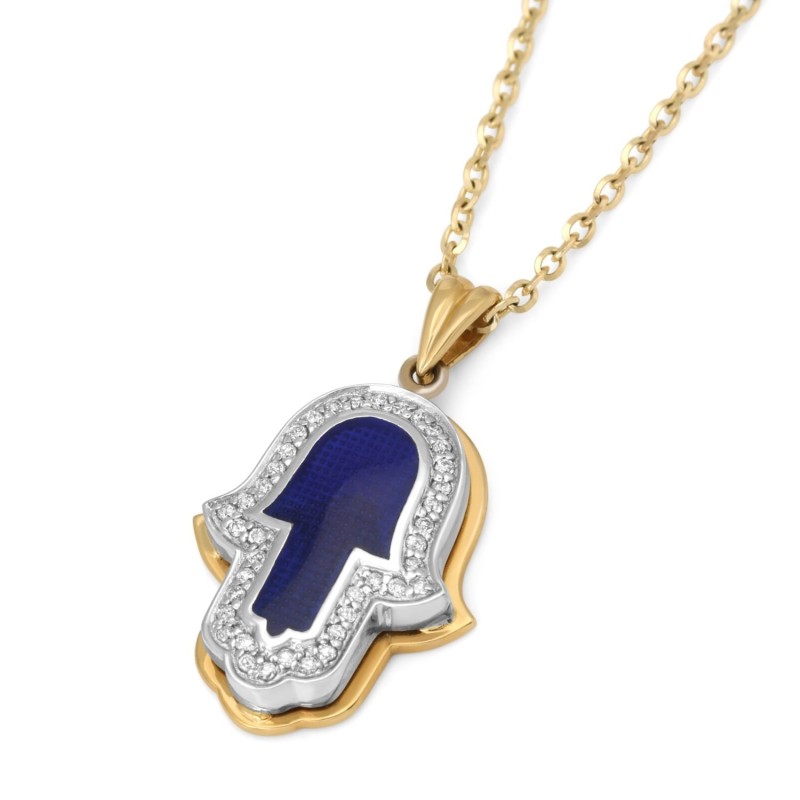 Anbinder Jewelry 14K Gold Hamsa Diamond Pendant with Blue Enamel