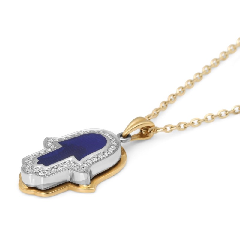 Anbinder Jewelry Pendentif diamant Hamsa en or 14 carats avec émail bleu