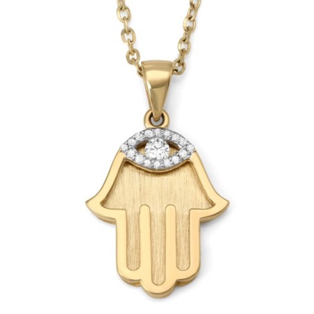 Pendentif Hamsa en or jaune 14 carats avec diamant mauvais œil - Grand