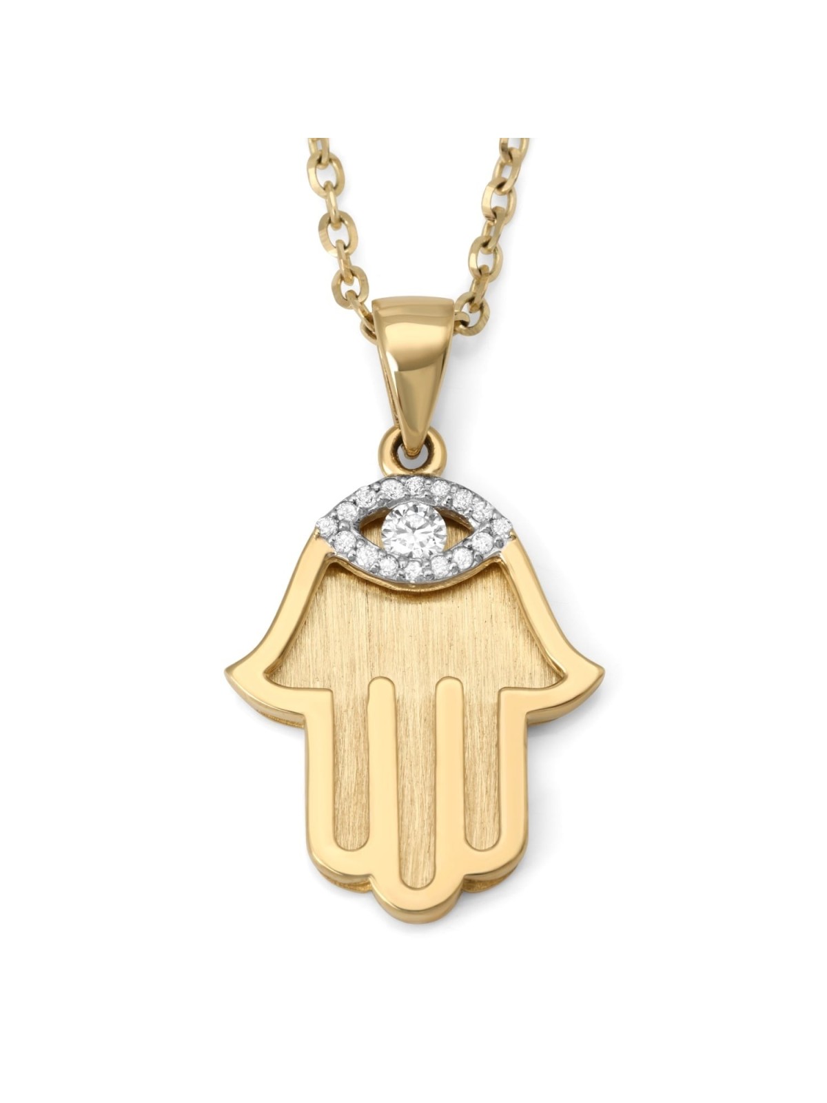 14K Yellow Gold Hamsa Pendant with Diamond Evil Eye - Large