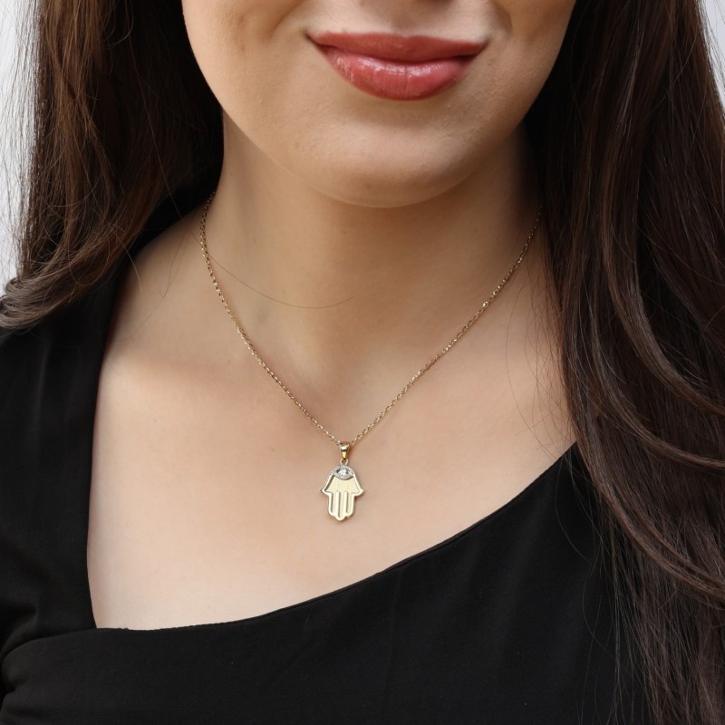 Pendentif Hamsa en or jaune 14 carats avec diamant mauvais œil - Grand